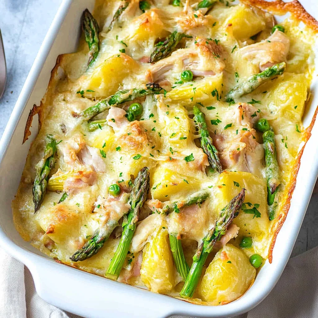 Spargelauflauf mit HähnchenHähnchenschinken und Kartoffeln