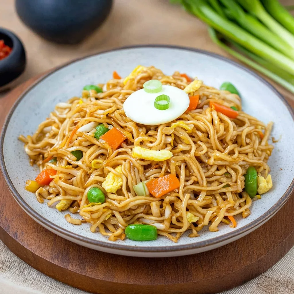 Chinesisch gebratene Nudeln mit Ei und Gemüse