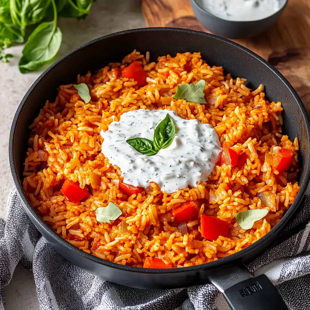 Paprika-Reis-Pfanne mit Joghurtsoße - schnell & vegetarisch